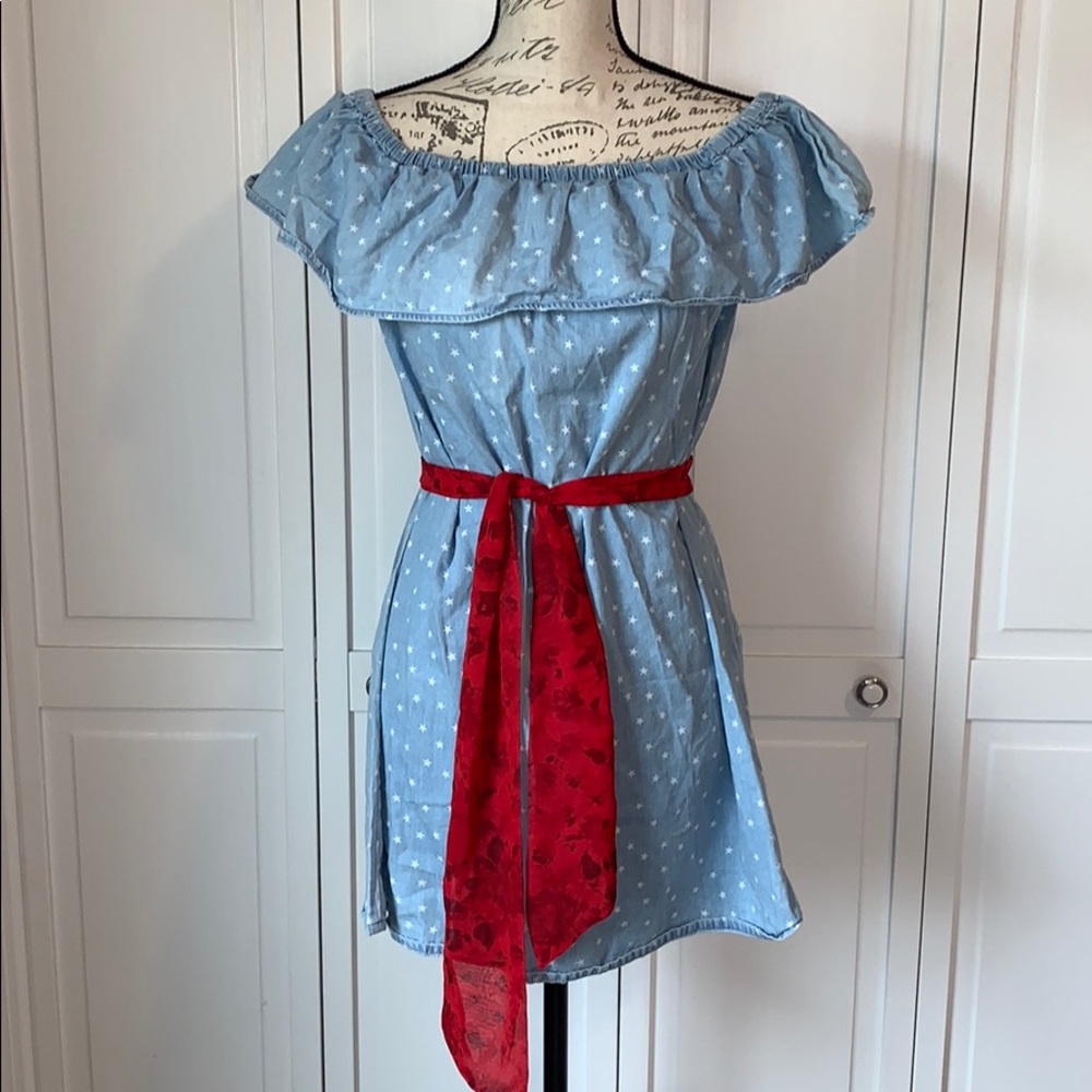 Love Fire Soft Denim Off shoulder dress.